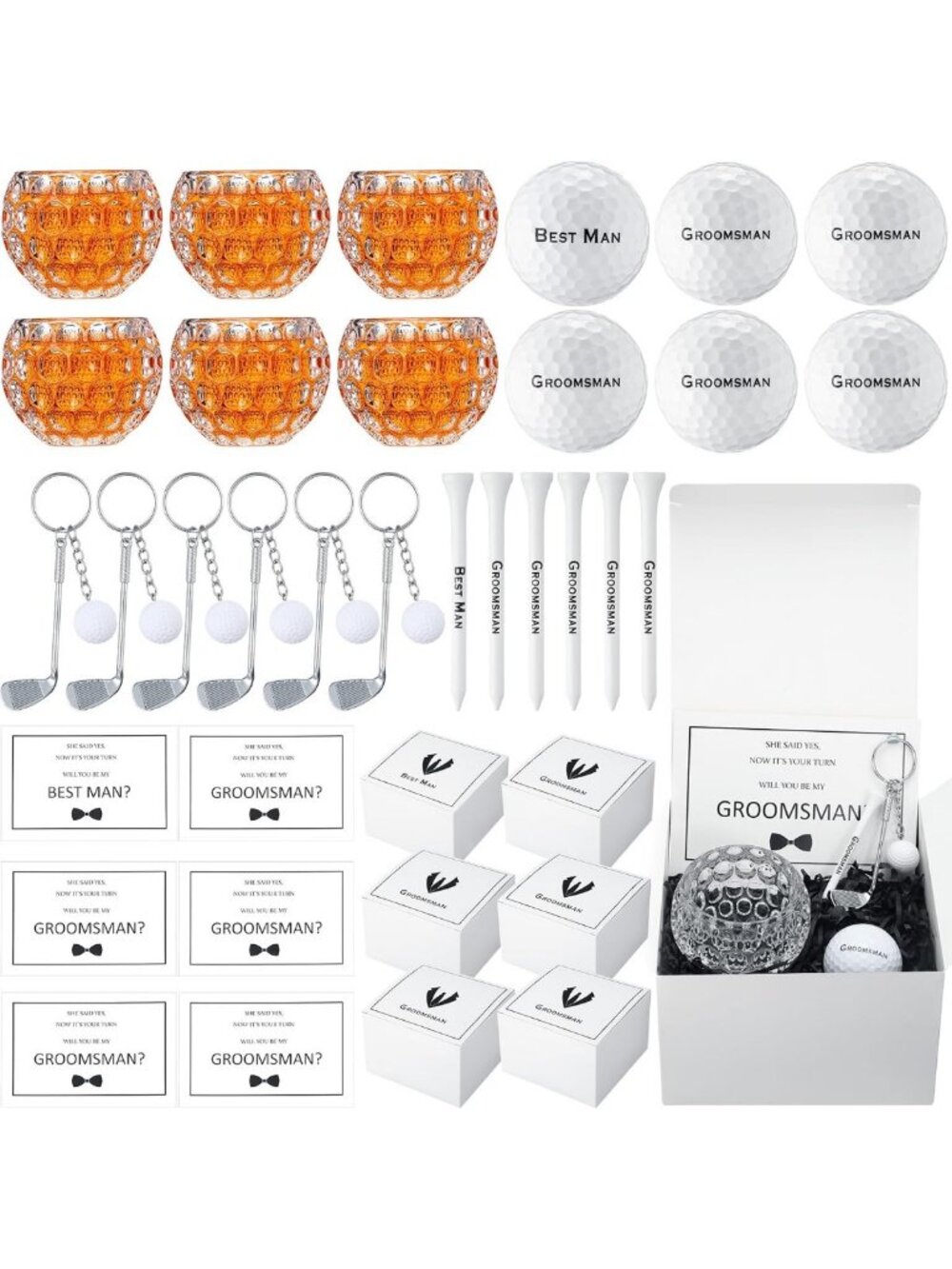 36 Pcs Golf Groomsman Proposal Gift Set - Golf Balls, Tees, Keychain & Glass
